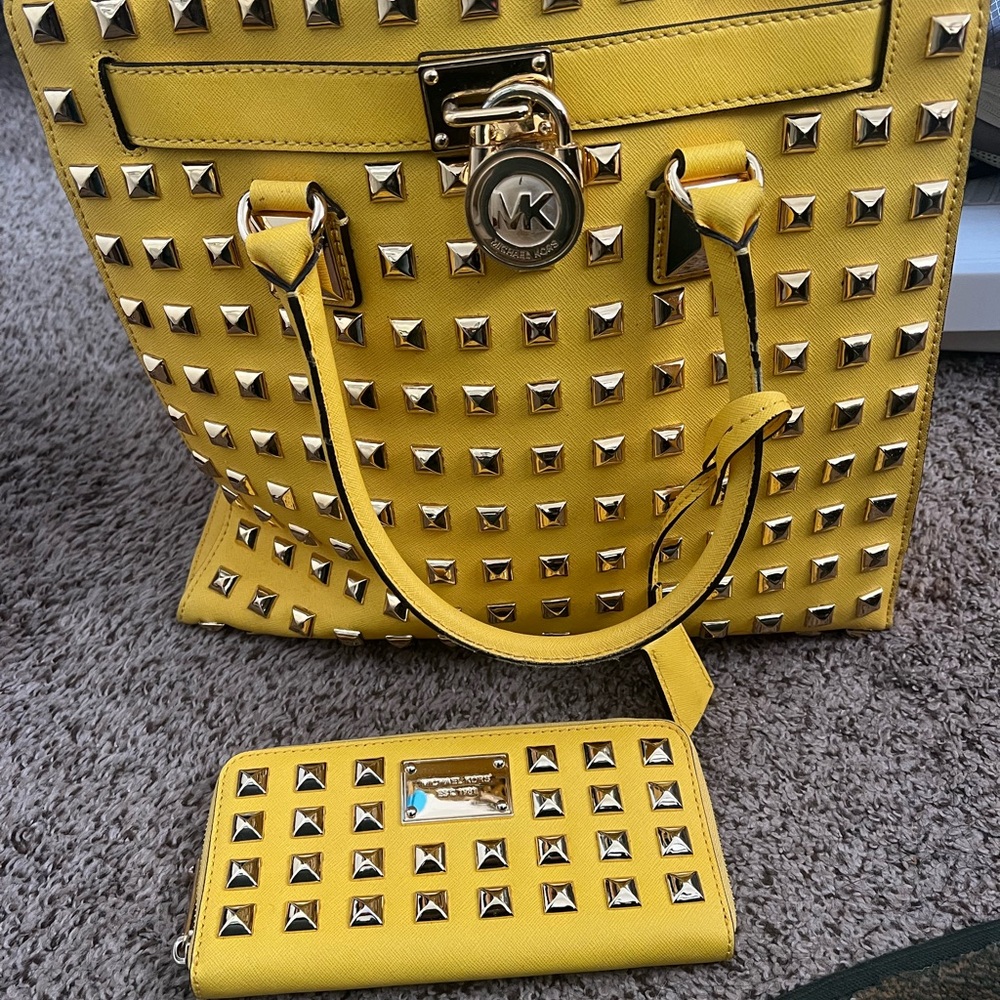 Michael Kors Yellow Tote & Wallet with Structured Design and Silver Accents